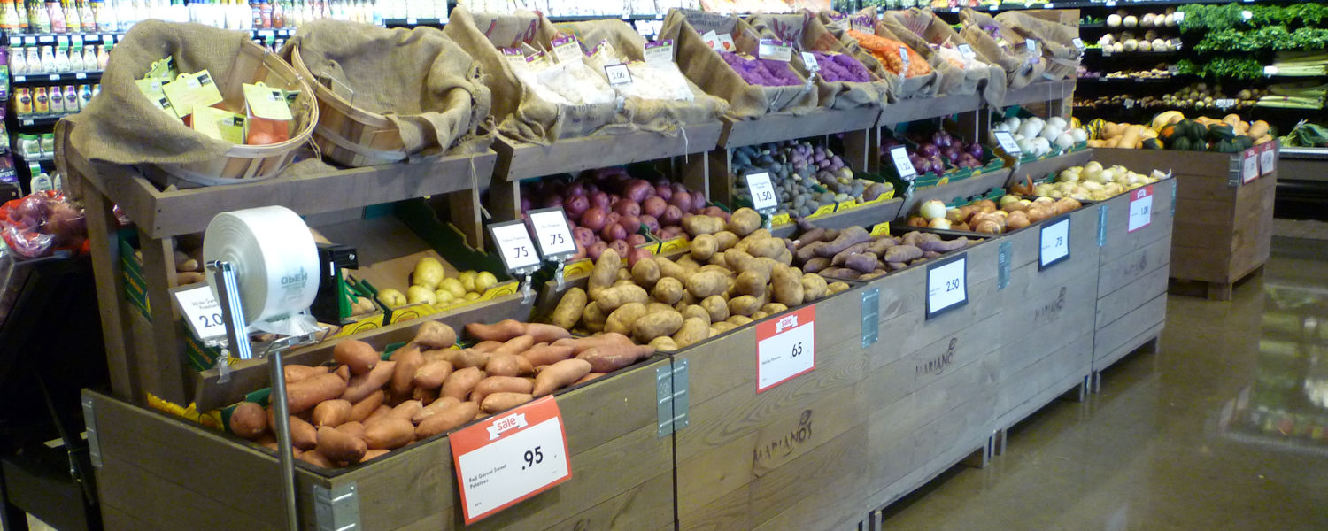Orchard bins, produce display fixtures, grocery store merchandising fixtures