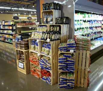 grocery displays, crates, barrels